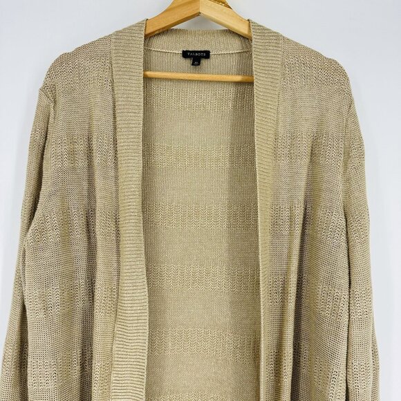 Talbots Beige Tan 100% Linen Open Front Knit Long Sleeve Cardigan Sweater XL - Picture 2 of 7